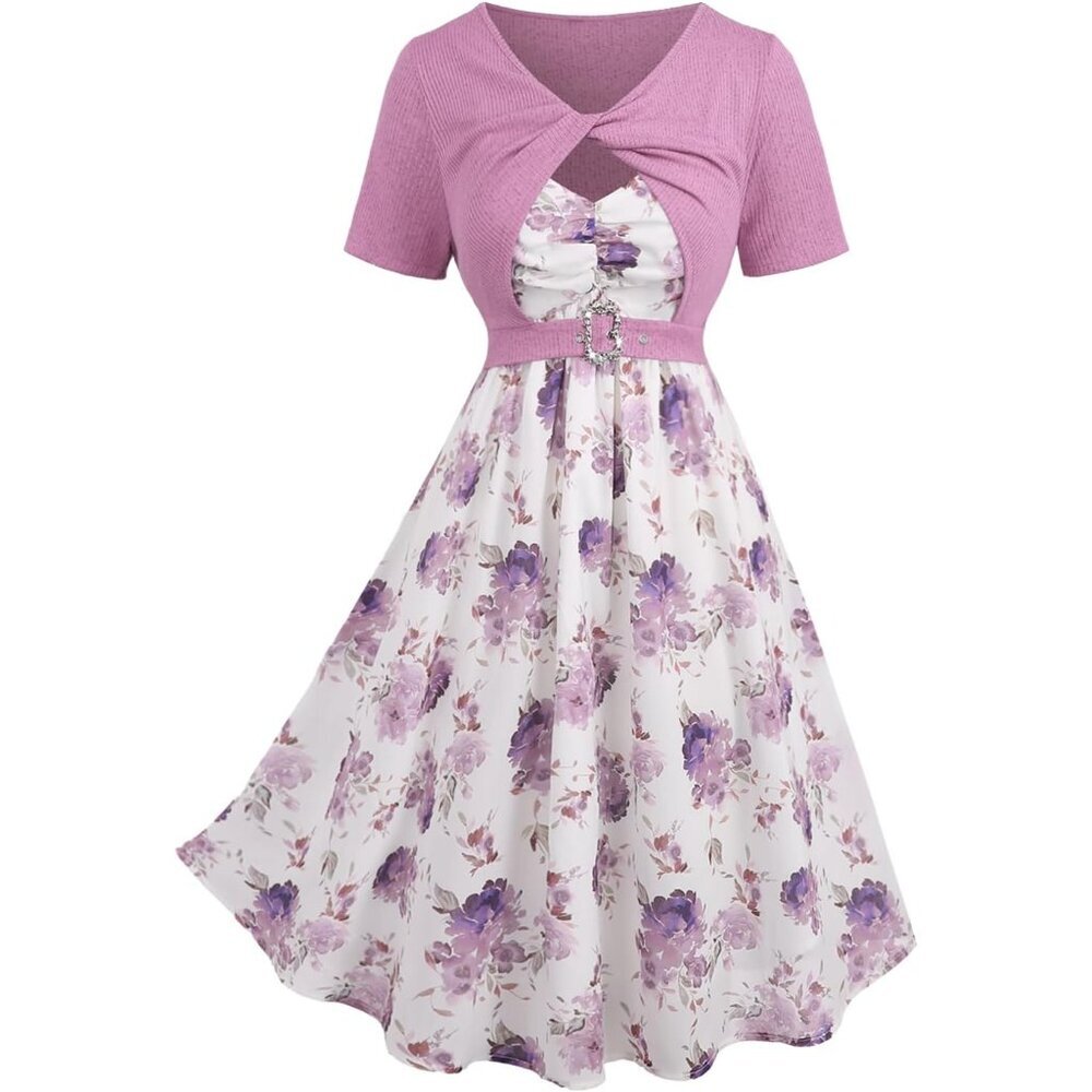 Plus Size Floral Sundress Set Chiffon Midi Crop Top Casual Summer
